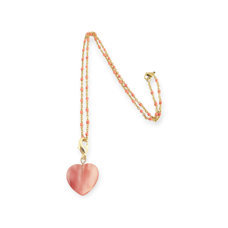 necklace steel gold chain with pink bead and pink heart1
